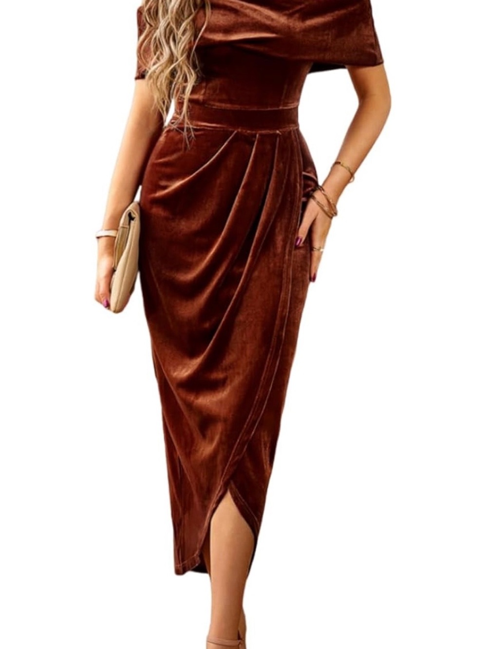 Off-Shoulder Velvet Midi Dress in Deep Brown NEW WITH TAGS